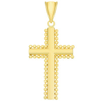 Load image into Gallery viewer, Solid 14k Yellow Gold Beaded Edged Plain Religious Cross Pendant with Figaro Chain Necklace
