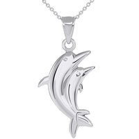Load image into Gallery viewer, 14k White Gold 3D Two Dolphins Jumping Together Vertical Pendant Necklace
