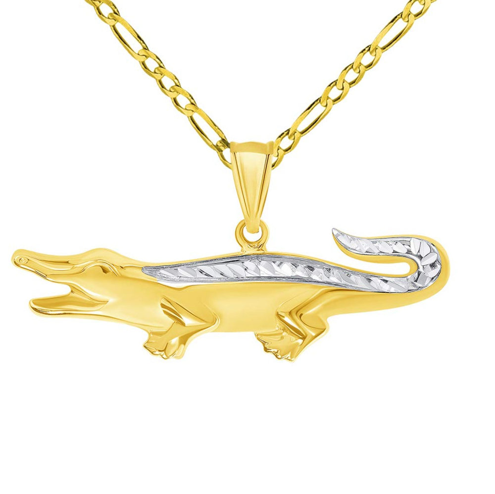 14k Yellow Gold Textured Two Tone Alligator Reptile Animal Pendant with Figaro Chain Necklace