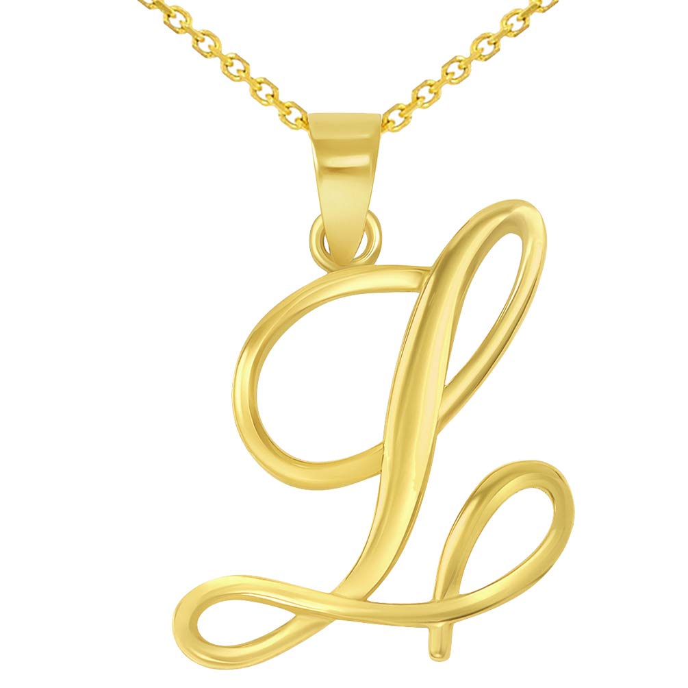 14k Yellow Gold Elegant Script Letter L Cursive Initial Pendant Necklace