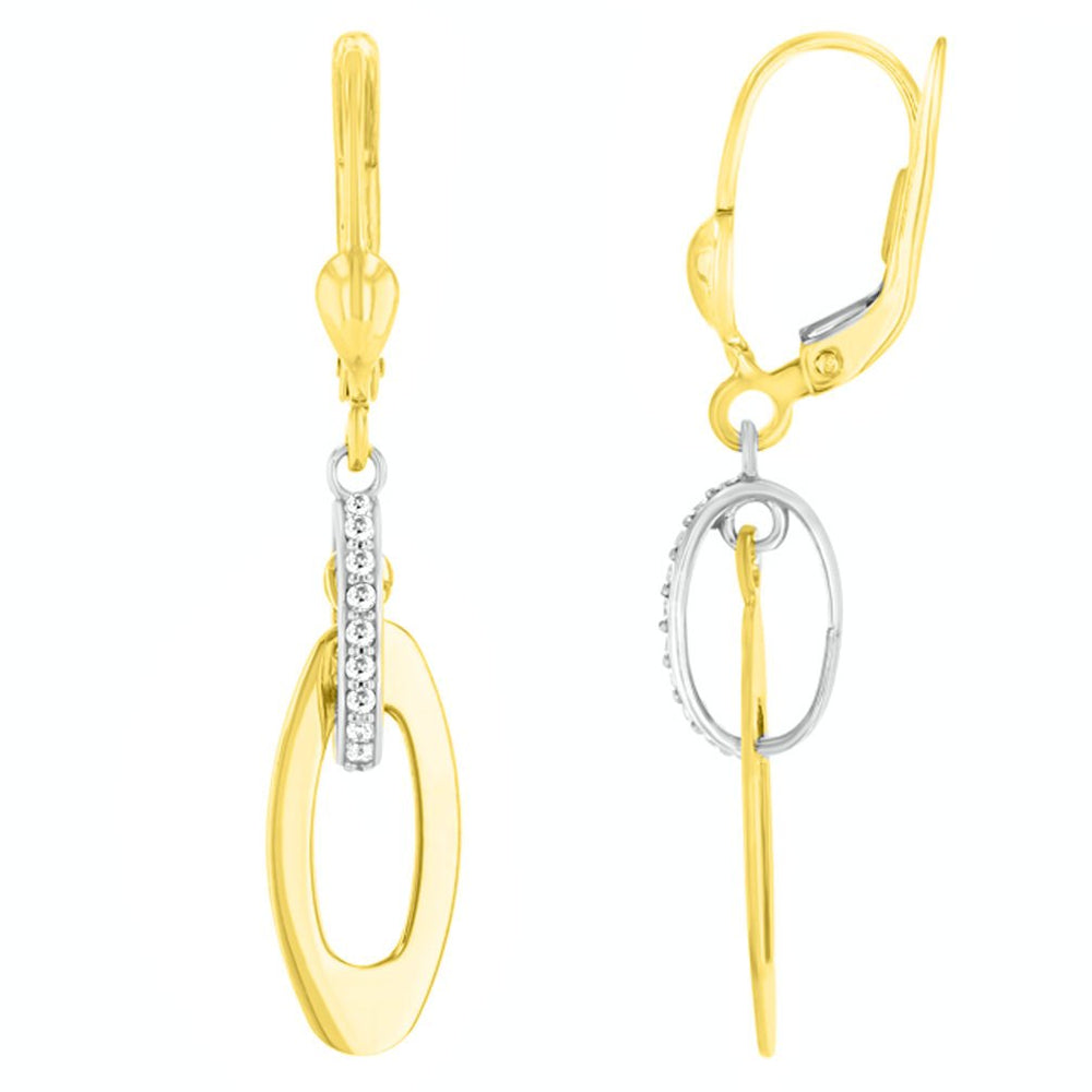 14K Gold CZ Studded Double Oval Drop Dangle Earrings - Yellow & White Gold