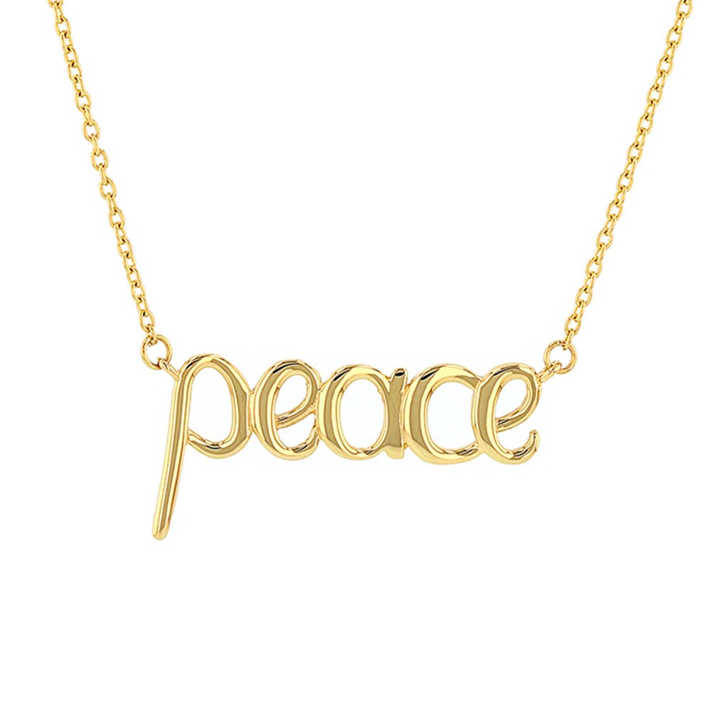 JewelryAmerica Solid 14K Yellow Gold Scripted Peace Necklace