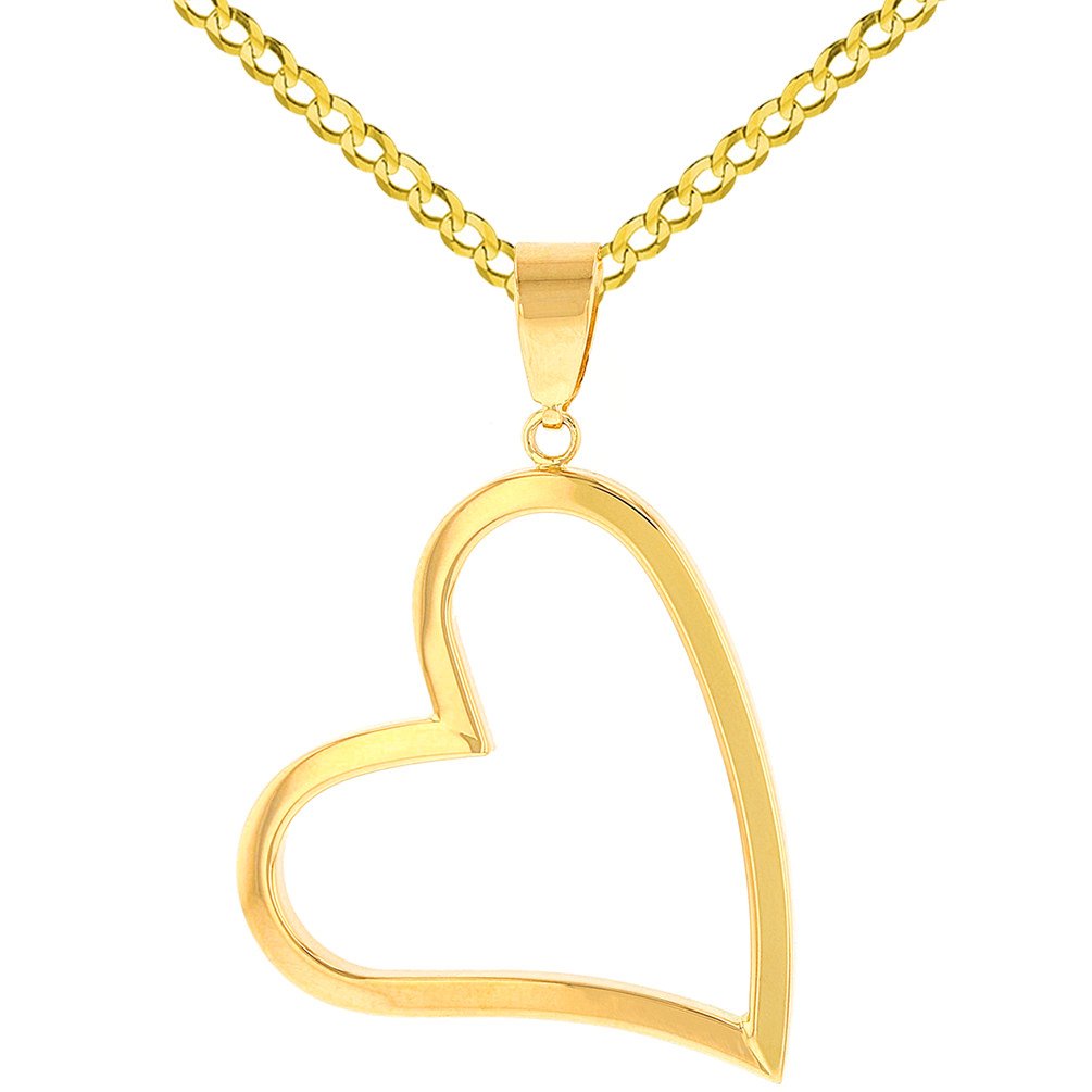 14K Yellow Gold Polished Fancy Sideways Heart Pendant with Cuban Necklace