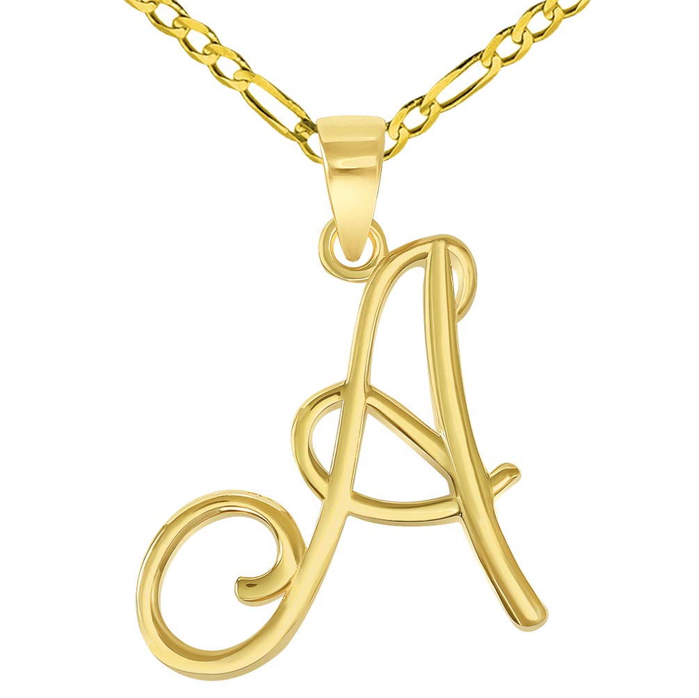 14k Yellow Gold Elegant Script Letter A Cursive Initial Pendant with Figaro Chain Necklace