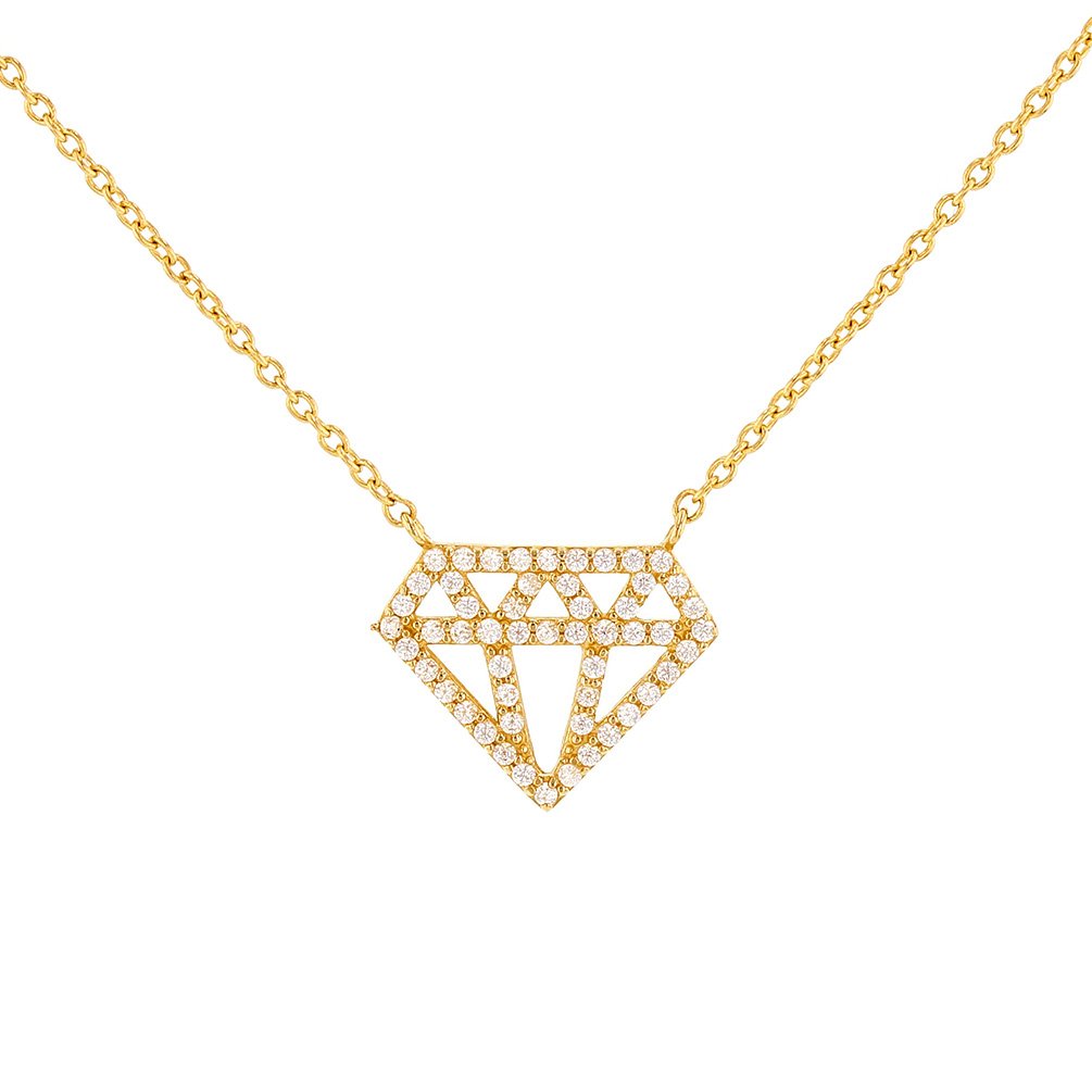 JewelryAmerica Solid 14k Yellow Gold Diamond Shaped Pendant Necklace with Cubic Zirconia