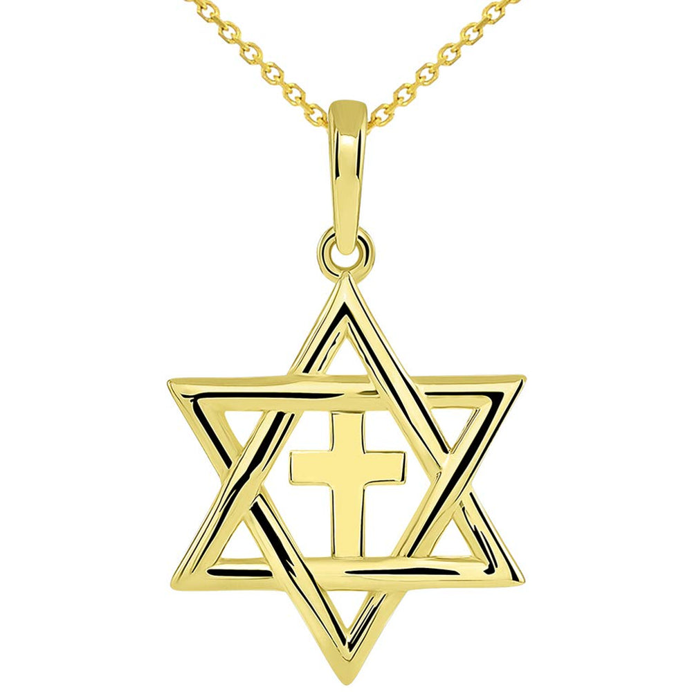 14k Yellow Gold Jewish Star of David with Religious Cross Judeo Christian Pendant Necklace