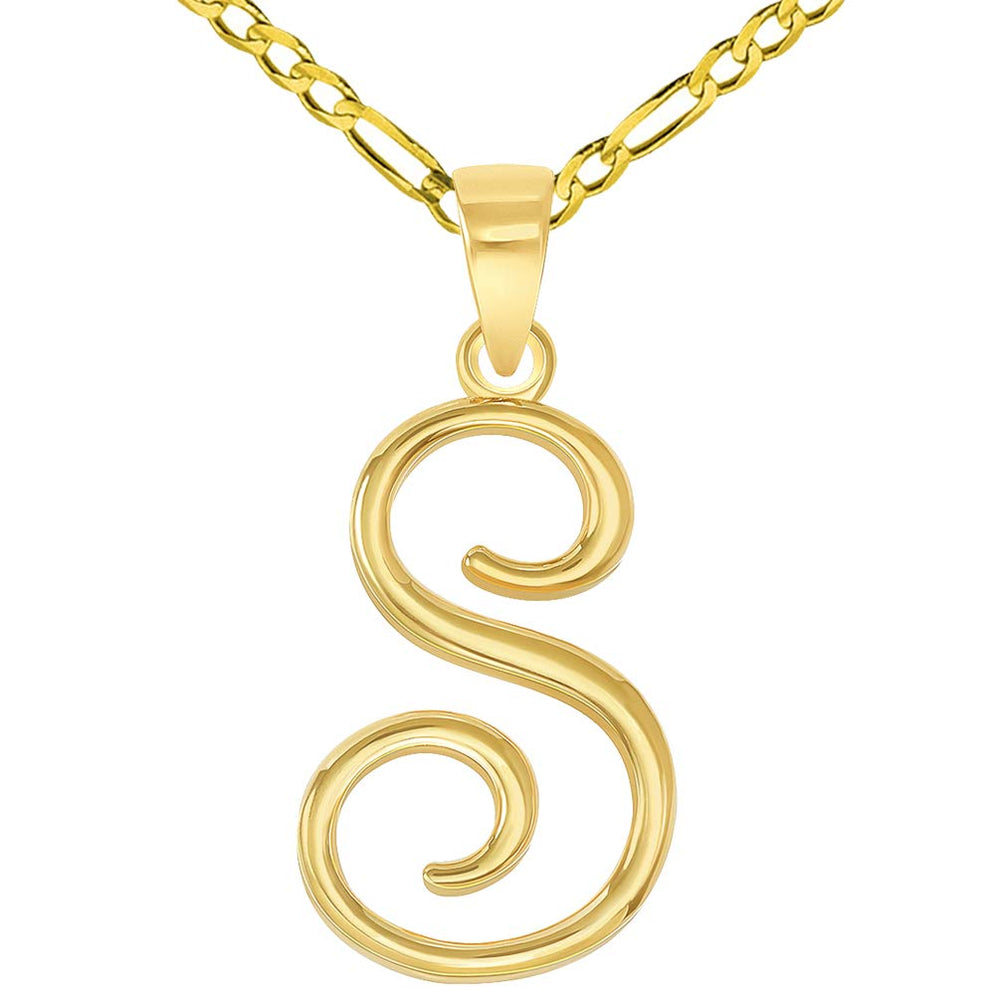 14k Yellow Gold Elegant Script Letter S Cursive Initial Pendant with Figaro Chain Necklace