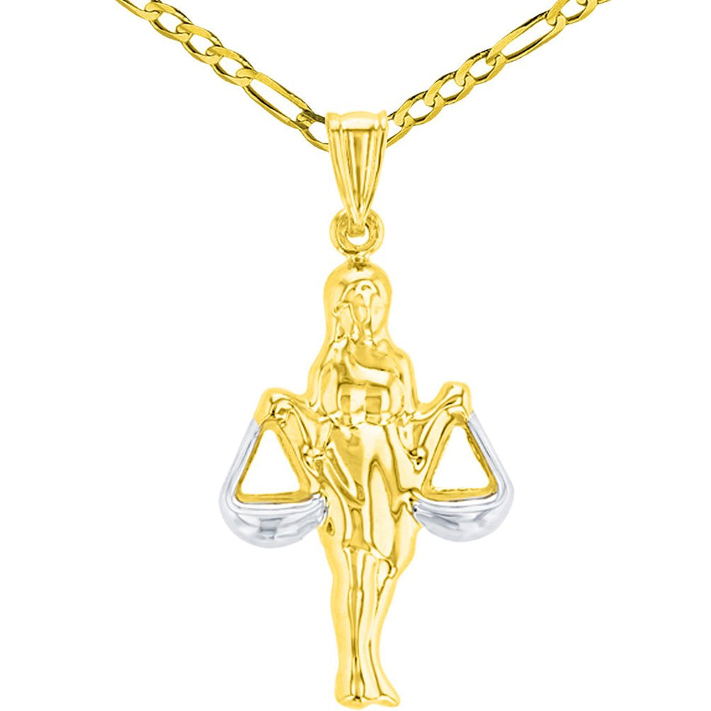 High Polished 14K Yellow Gold Libra Zodiac Sign Charm Holding Scale Pendant Unique Figaro Chain Necklace