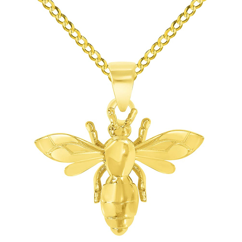 14k Yellow Gold 3D Honey Bee Charm Bumblebee Insect Pendant with Cuban Curb Chain Necklace