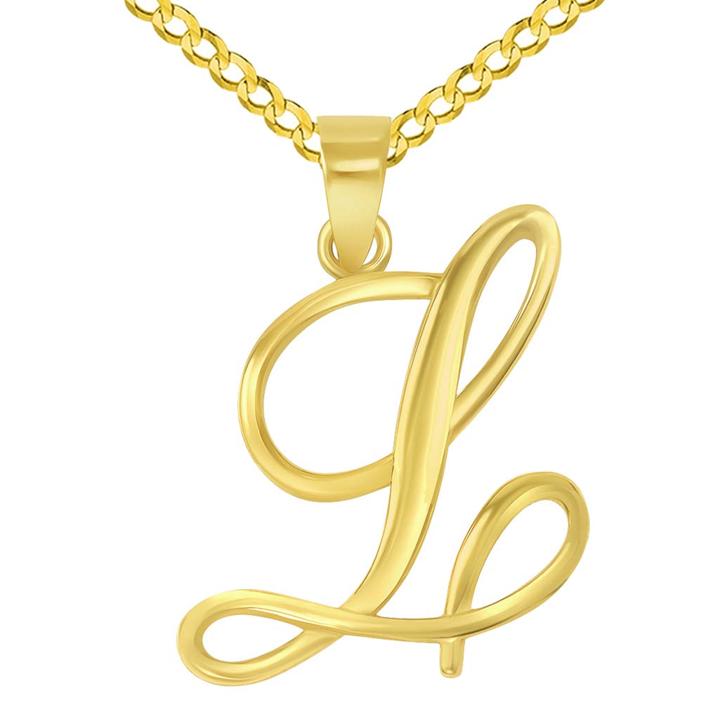 14k Yellow Gold Elegant Script Letter L Cursive Initial Pendant with Concave Cuban Link Curb Chain Necklace
