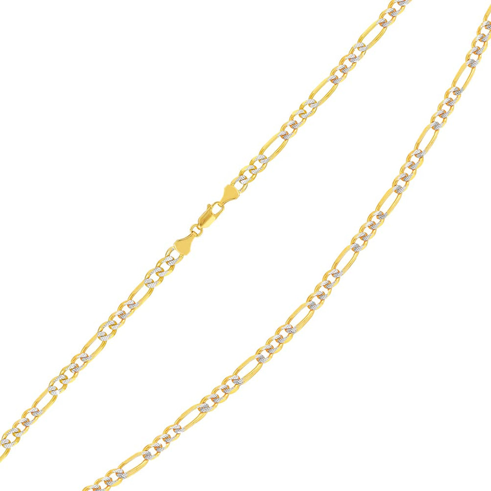 Solid 14k Yellow Gold 2mm Pave Two-Tone Figaro Link Chain Necklace with Lobster Claw Clasp