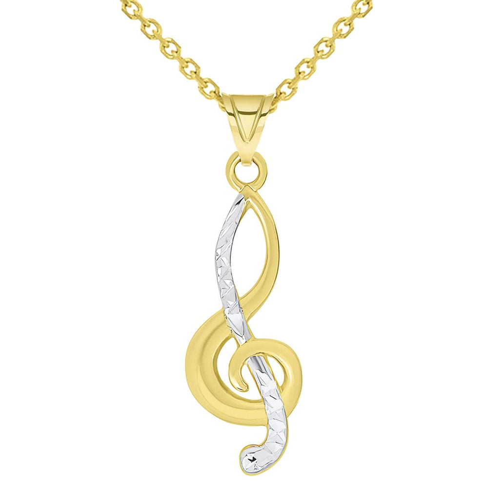 14k Yellow Gold Textured G Clef Charm Two Tone Musical Note Pendant Necklace Available with Rolo, Curb, or Figaro Chain