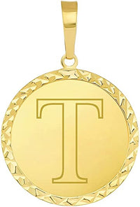Load image into Gallery viewer, 14k Yellow Gold Personalized Round Block Letter Initial T Disc Pendant 

