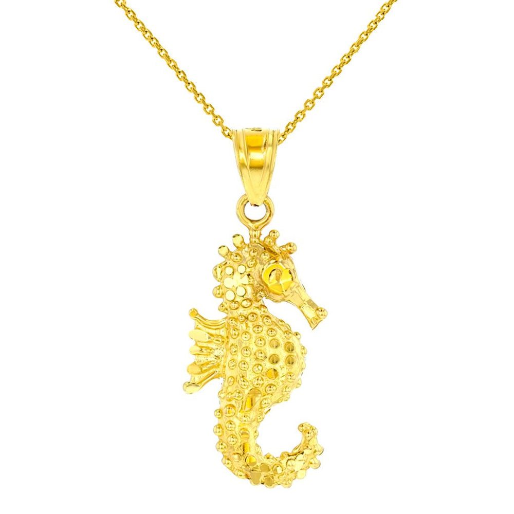 Textured 14K Yellow Gold Budded Seahorse Charm Animal Pendant Necklace