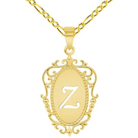 Load image into Gallery viewer, 14k Yellow Gold Elegant Filigree Oval Uppercase Initial Z Script Letter Plate Pendant with Figaro Chain Necklace
