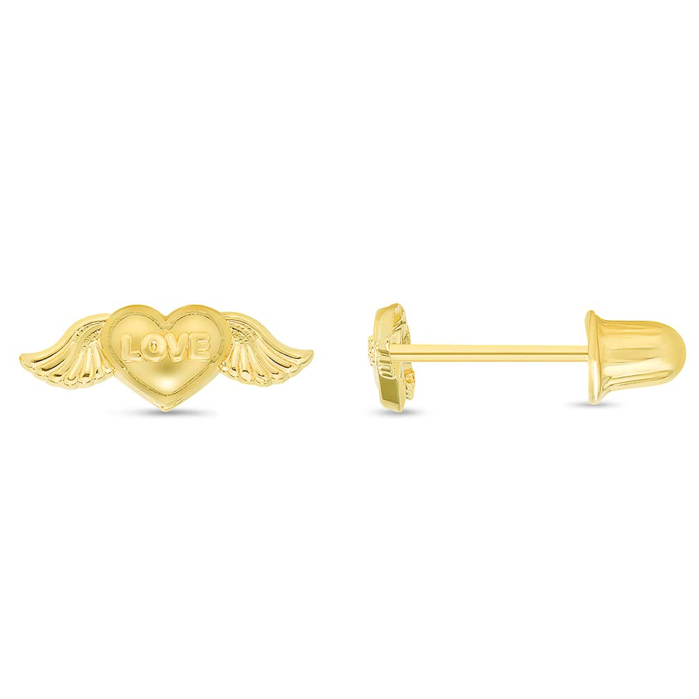 14k Yellow Gold Mini Love Heart with Wings Stud Earrings