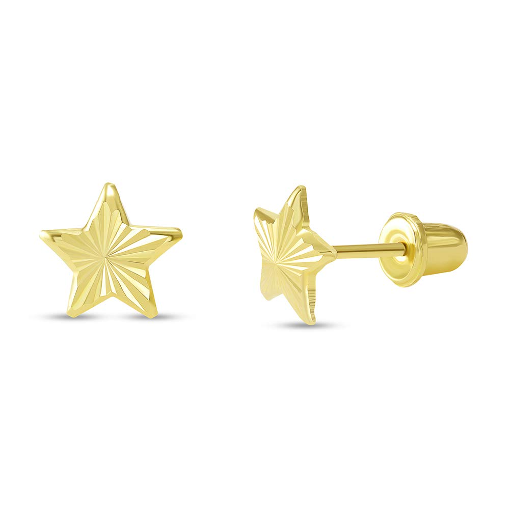 14k Yellow Gold Textured Mini Star Shaped Stud Earrings with Screw Back