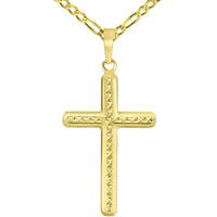 Load image into Gallery viewer, 14k Yellow Gold Textured Religious Classic Cross Pendant Necklace Available with Figaro Chain
