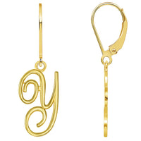 Load image into Gallery viewer, Solid 14k Yellow Gold Elegant Script Letter Cursive Initial Dangle Drop Earrings with Leverback - A to Z
