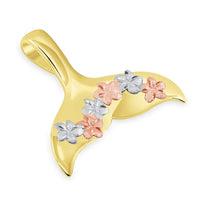 Load image into Gallery viewer, 14k Yellow and Rose Gold Tri-Tone Dolphin Tail Fin Hawaiian Plumeria Flowers Pendant Necklace
