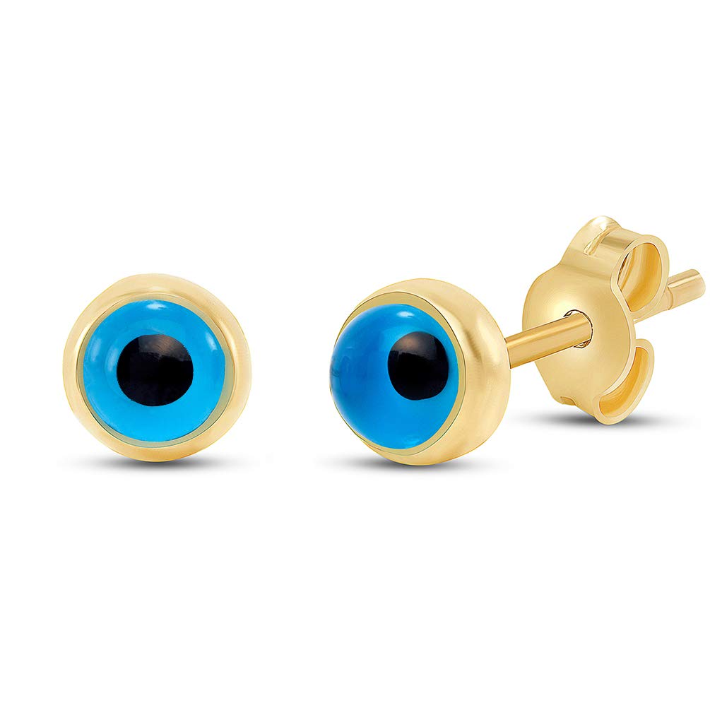 14k Yellow Gold Round Mini Blue Evil Eye Stud Earrings with Friction Back, 5mm