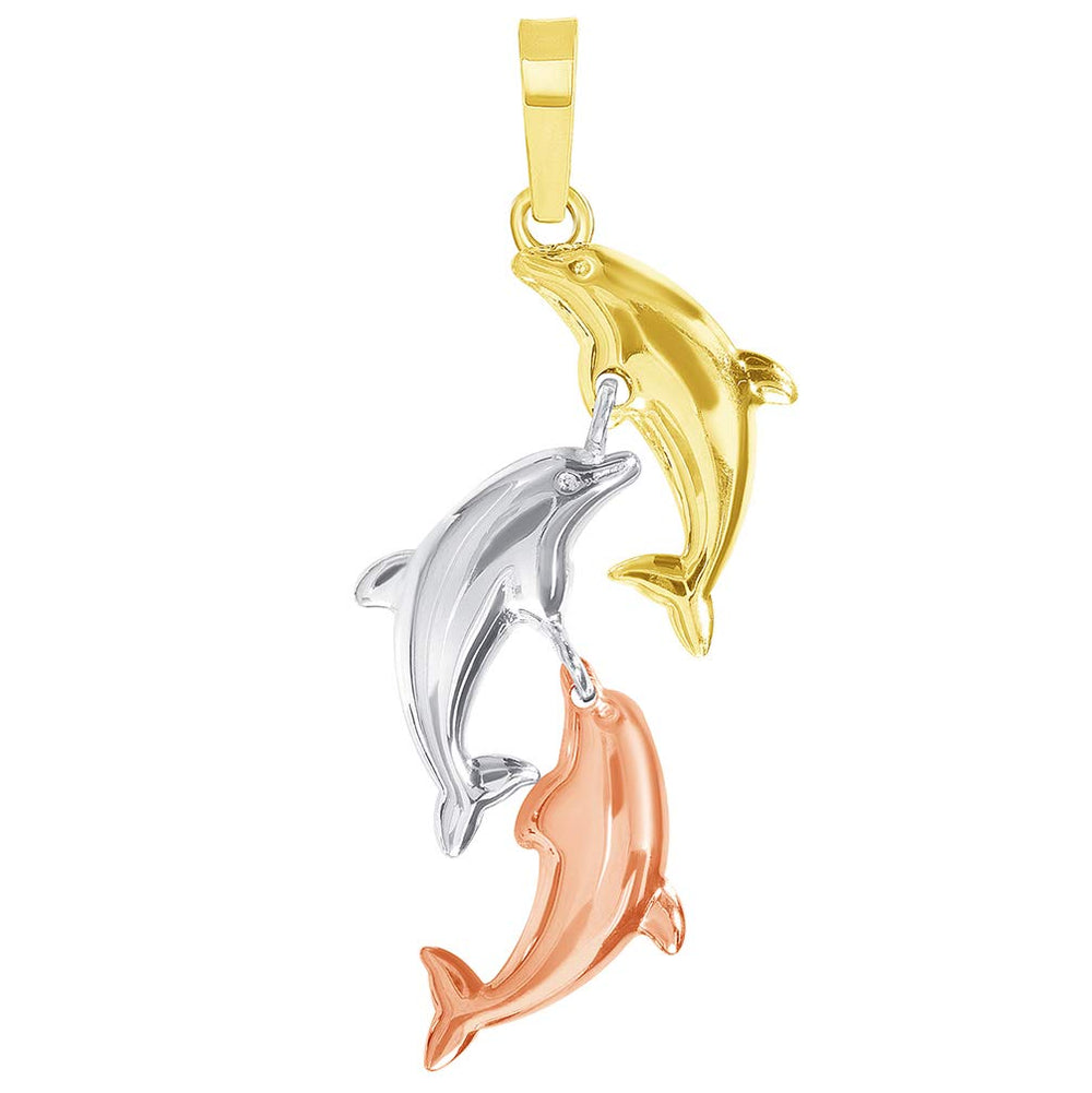14k Tri-Color Gold Dangling Three Dolphins Jumping Up Pendant