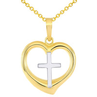 Load image into Gallery viewer, 14k Two-Tone Gold Religious Cross Charm in 3D Heart Charm Pendant with Rolo Cable Chain Necklace
