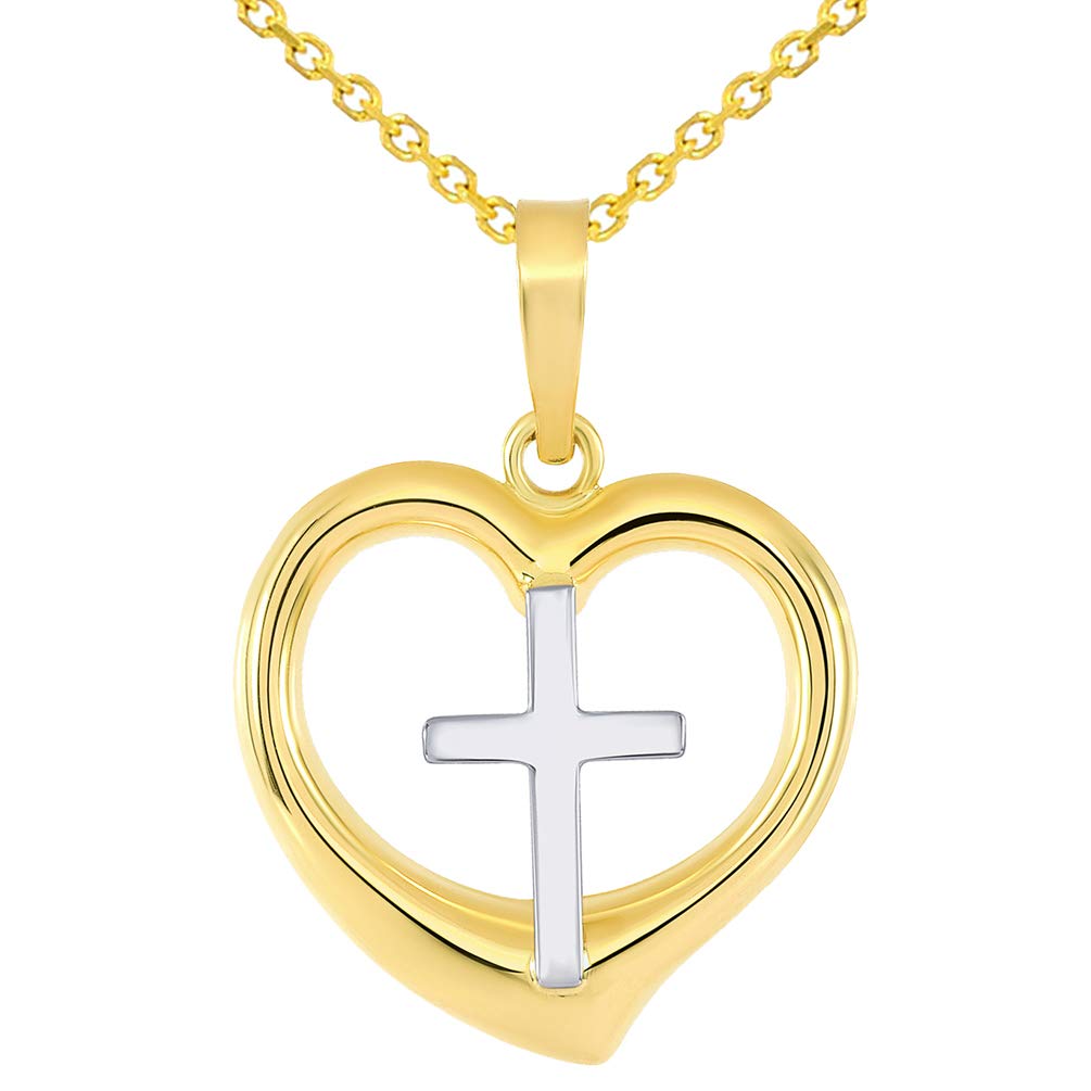 14k Two-Tone Gold Religious Cross Charm in 3D Heart Charm Pendant with Rolo Cable Chain Necklace