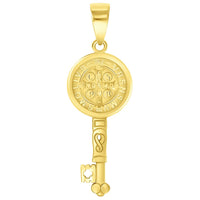 Load image into Gallery viewer, Solid 14k Yellow Gold Reversible Saint Benedict Key Charm Pendant with Cuban Curb Chain  Necklace
