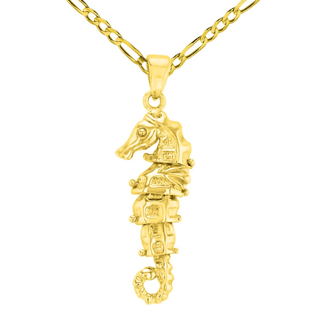 14K Solid Yellow Gold Dangling Seahorse Pendant with Figaro Chain Necklace
