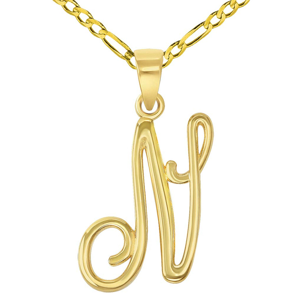 14k Yellow Gold Elegant Script Letter N Cursive Initial Pendant with Figaro Chain Necklace