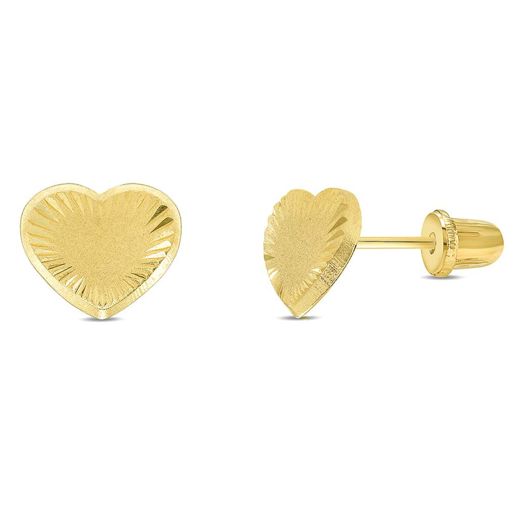 14k Yellow Gold Textured and Matte Finish Heart Stud Earrings with Screw Back