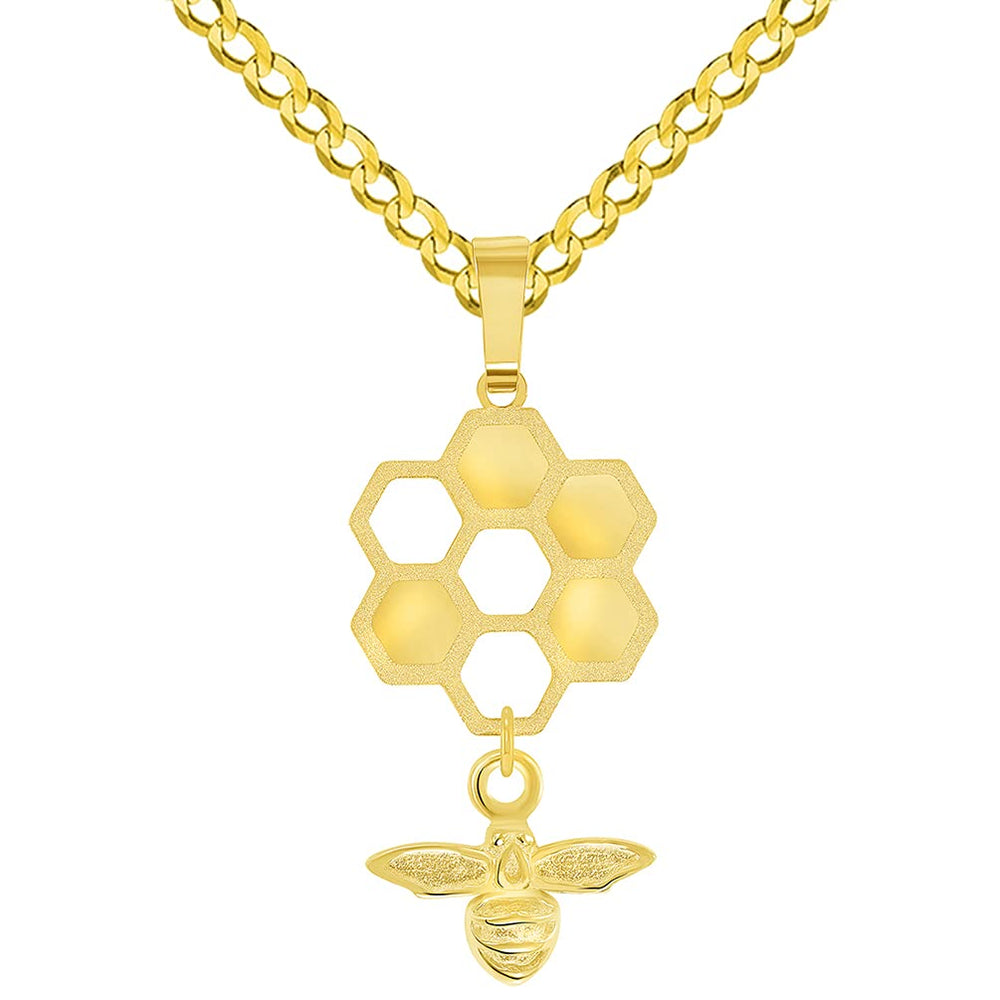 14k Yellow Gold Honey Bee Dangling From Honeycomb Pendant with Cuban Curb Chain Necklace