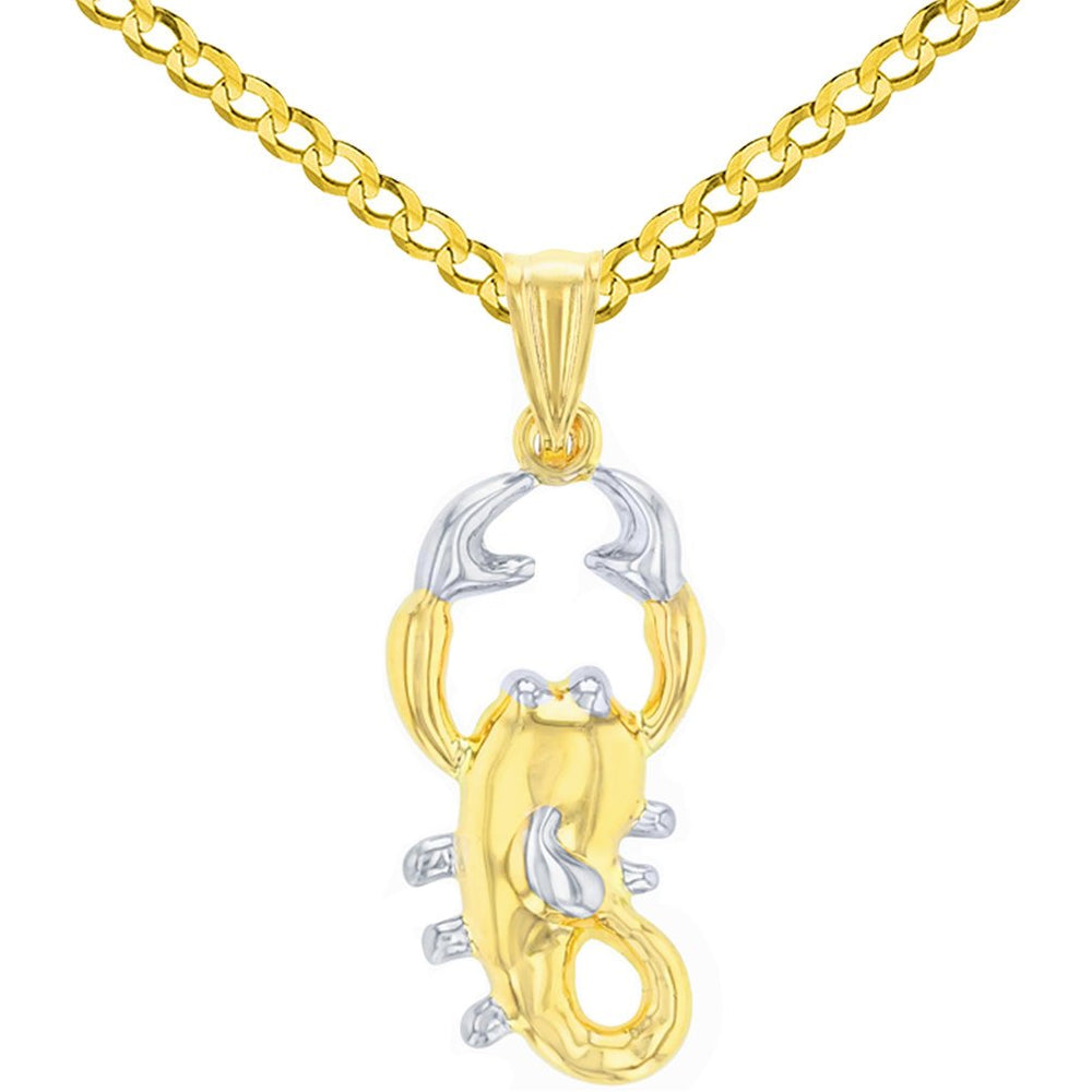 High Polish 14K Yellow Gold Scorpion Sign Scorpio Zodiac Charm Pendant with Curb Cuban Chain Necklace
