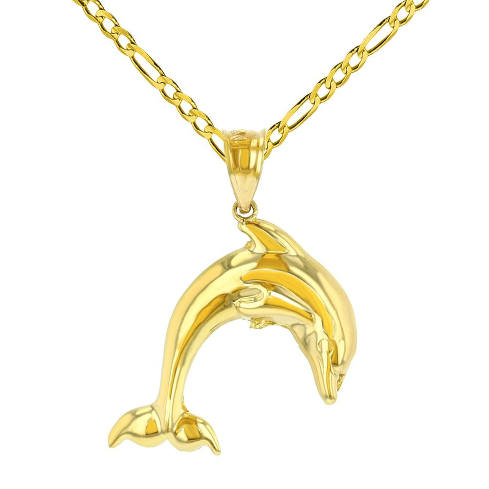 14K Yellow Gold Jumping Dolphin Charm Animal Pendant Figaro Chain Necklace with High Polish