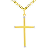 Load image into Gallery viewer, 14k Two-Tone Gold Slender Slanted Edge Plain Religious Cross Pendant with Figaro Chain Necklace
