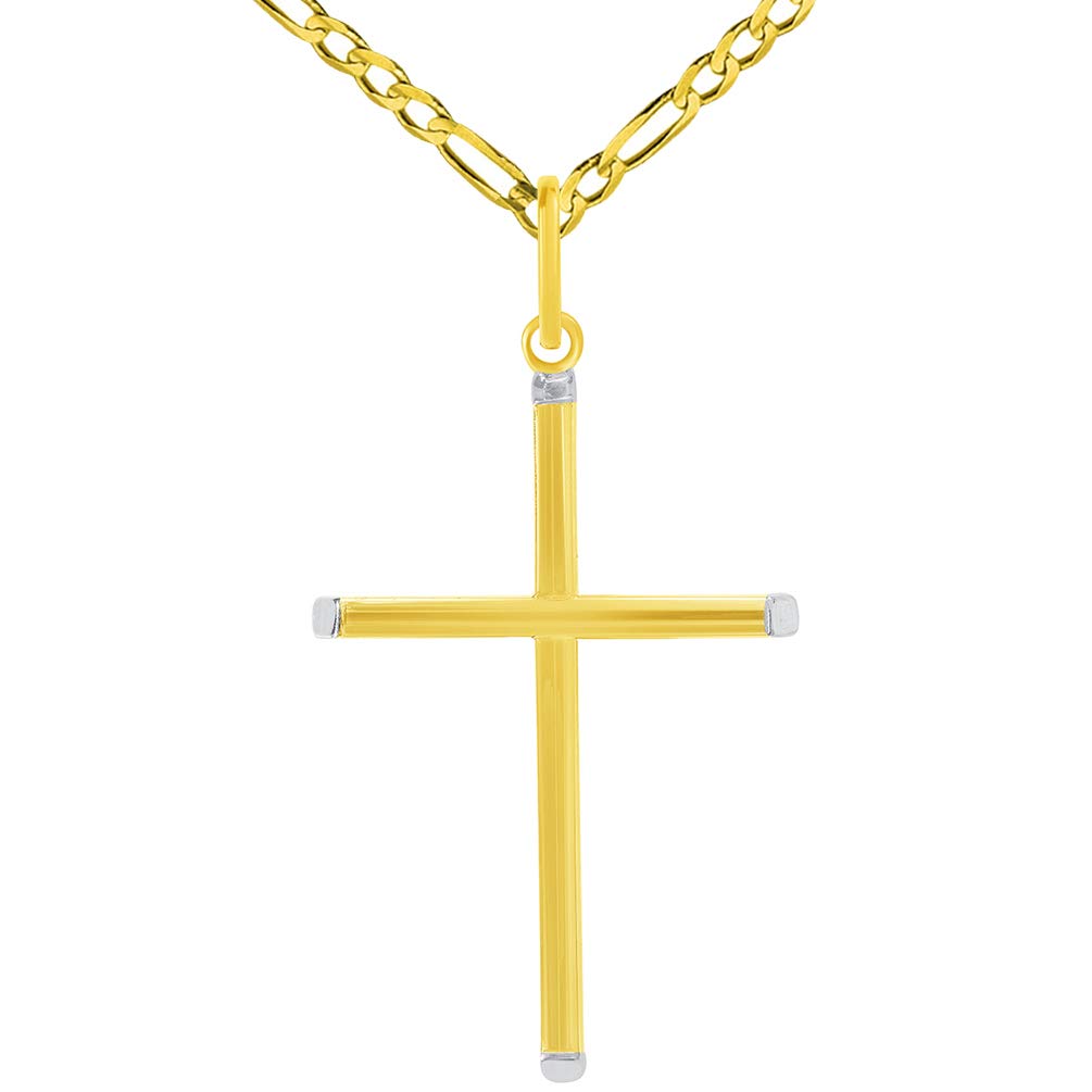 14k Two-Tone Gold Slender Slanted Edge Plain Religious Cross Pendant with Figaro Chain Necklace