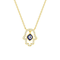 Load image into Gallery viewer, 14k Yellow Gold Cubic-Zirconia Open Hamsa Dangling Evil Eye Necklace with Spring Ring Clasp
