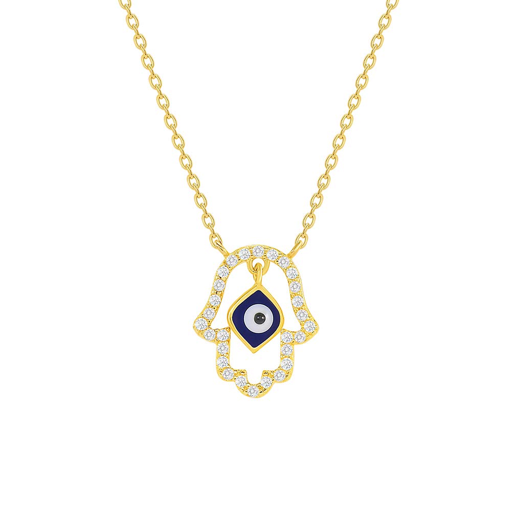 14k Yellow Gold Cubic-Zirconia Open Hamsa Dangling Evil Eye Necklace with Spring Ring Clasp