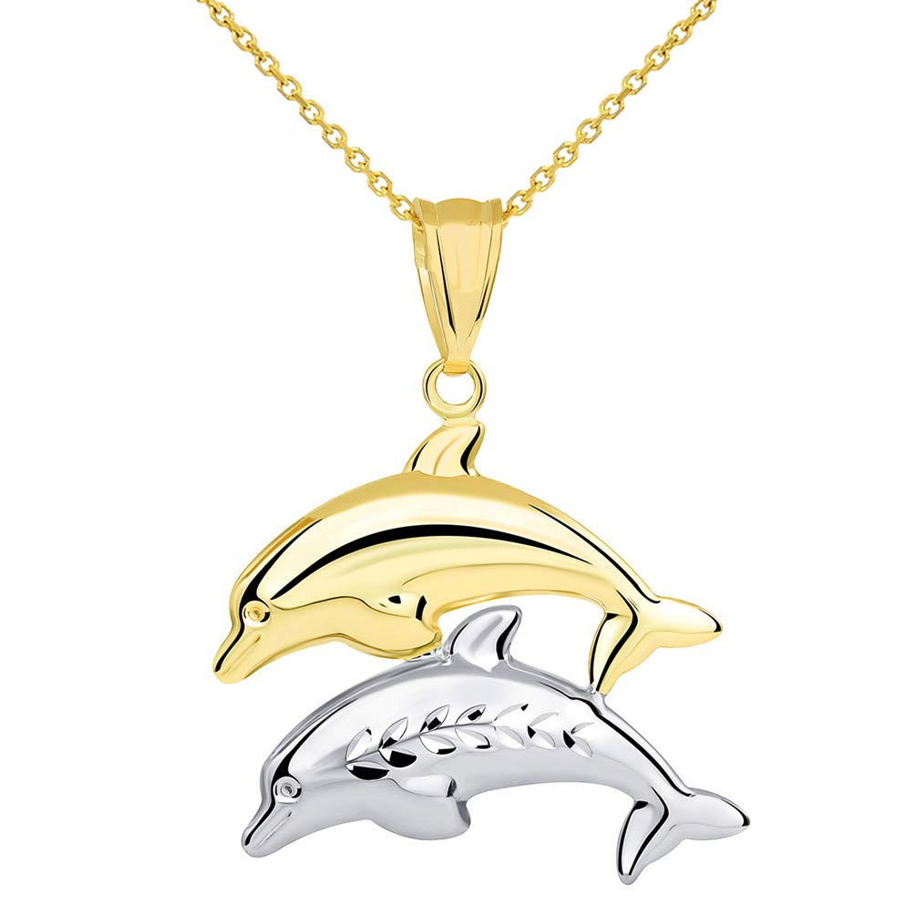 14k Two Tone Gold 3D Dolphins Jumping Pendant Necklace - Yellow and White Gold