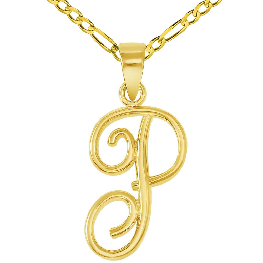 14k Yellow Gold Elegant Script Letter P Cursive Initial Pendant with Figaro Chain Necklace