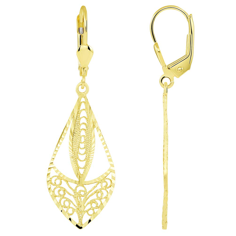 14k Yellow Gold Textured Boho-Chic Filigree Dangle Earrings with Lever Back