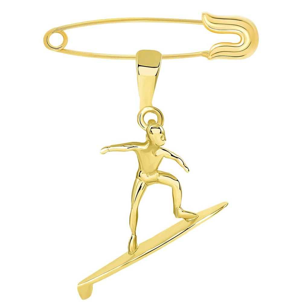 Solid 14k Yellow Gold Surfer Surfing on Surfboard Charm Pendant with Safety Pin Brooch