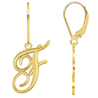 Load image into Gallery viewer, Solid 14k Yellow Gold Elegant Script Letter Cursive Initial Dangle Drop Earrings with Leverback - A to Z
