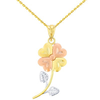 Load image into Gallery viewer, 14K Yellow Gold &amp; Rose Gold Textured Tri Color Celtic Four Leaf Clover Charm Pendant Necklace
