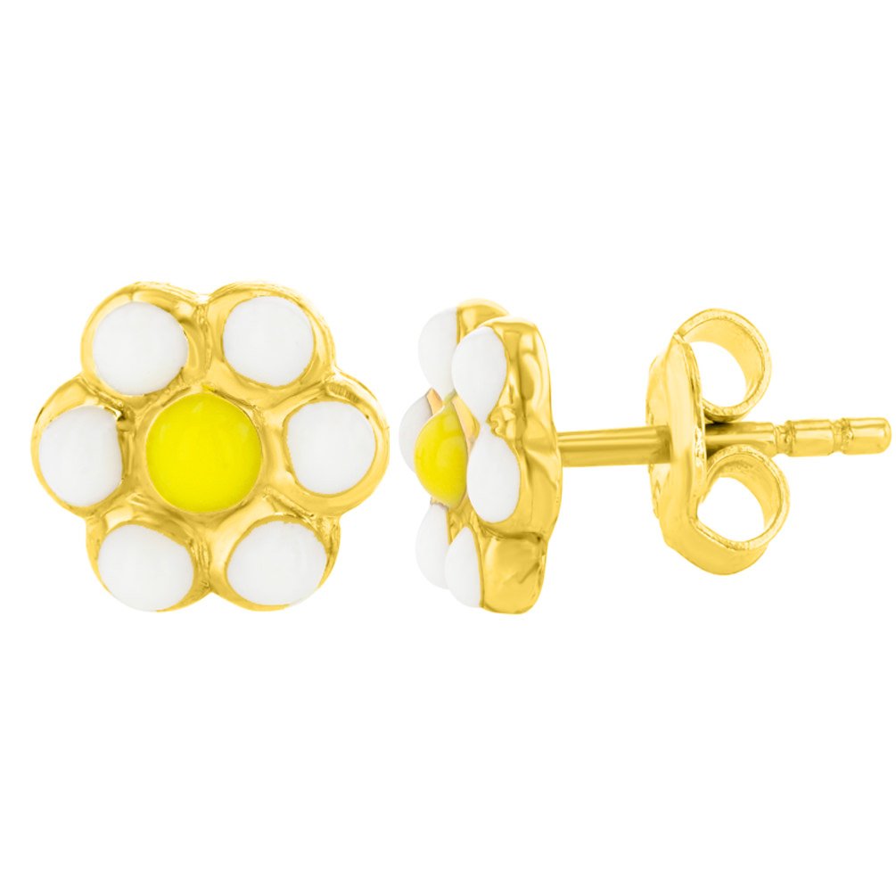 14k Yellow Gold Daisy Flower Stud Earrings with Yellow & White Enamel