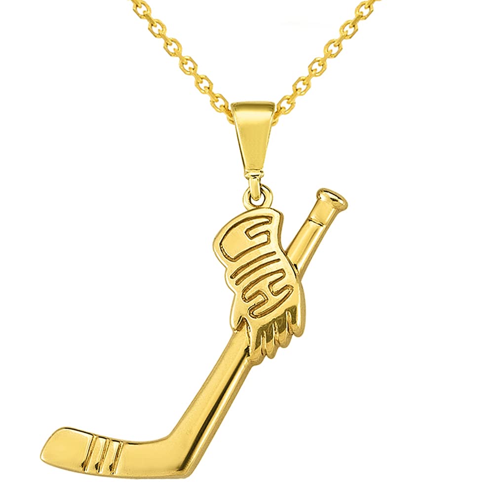 14k Yellow Gold Hockey Stick with Glove Pendant Necklace