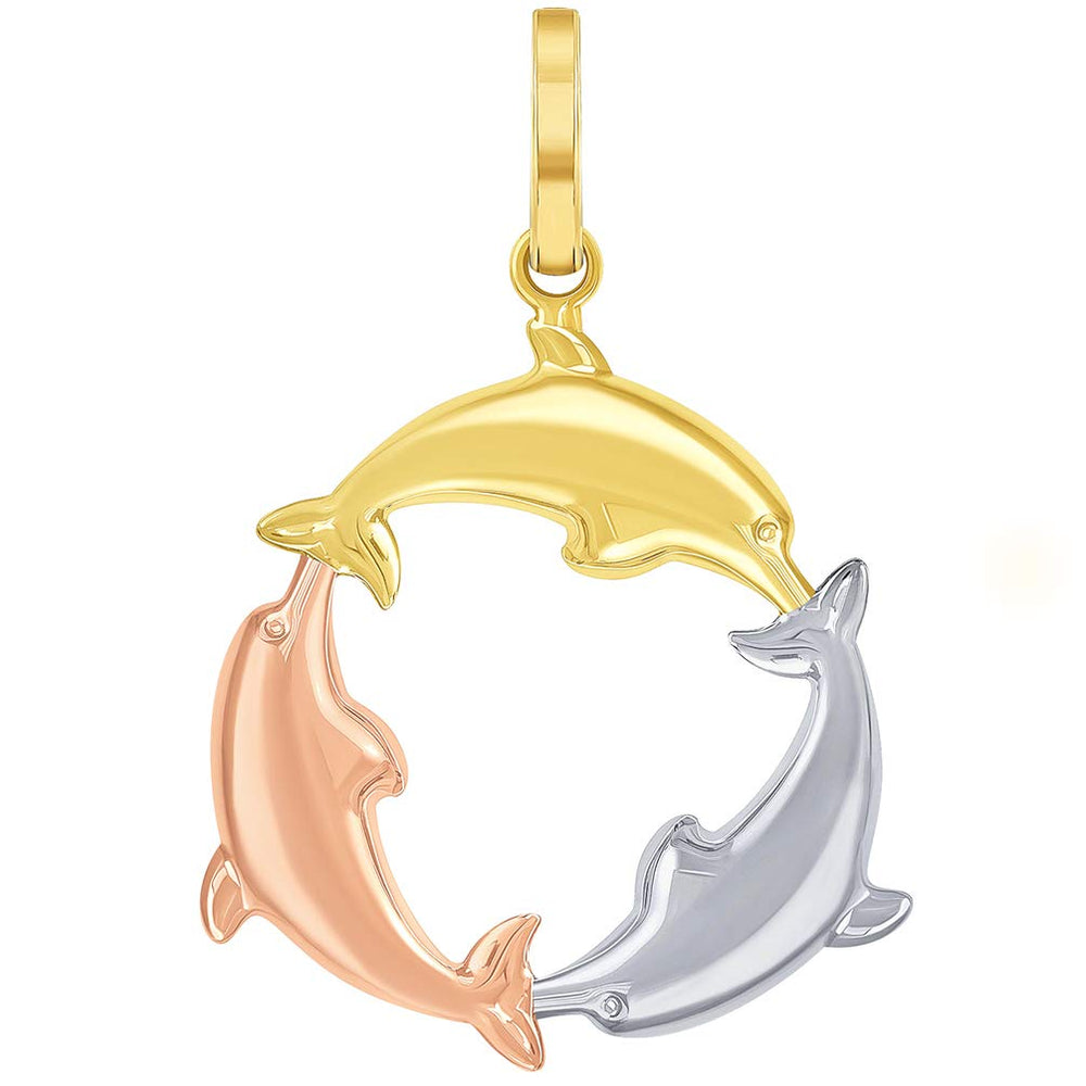 High Polish 14k Tri-Color Gold Dolphin Circle Pendant