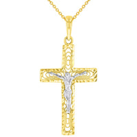 Load image into Gallery viewer, 14k Two-Tone Gold Textured Catholic Cross Elegant Jesus Crucifix Pendant Necklace
