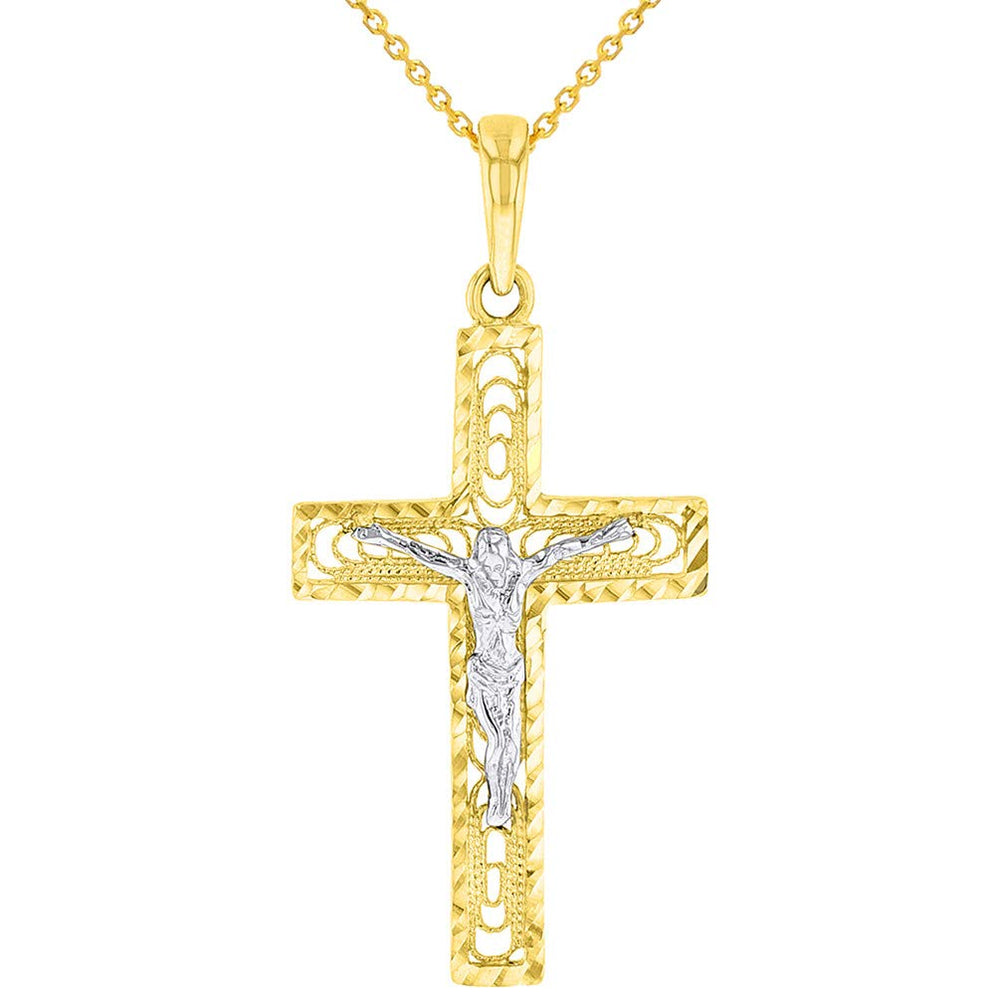 14k Two-Tone Gold Textured Catholic Cross Elegant Jesus Crucifix Pendant Necklace